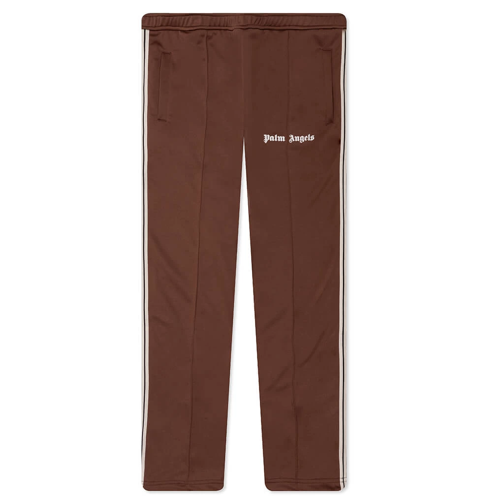 Palm Angels Thin Waist Slim Track Pants - Brown/Off-White 1 Palm Angels Thin Waist Slim Track Pants - Brown/Off-White