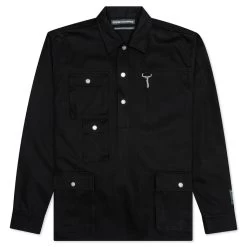 Cotton Herringbone Pullover Shirt - Black