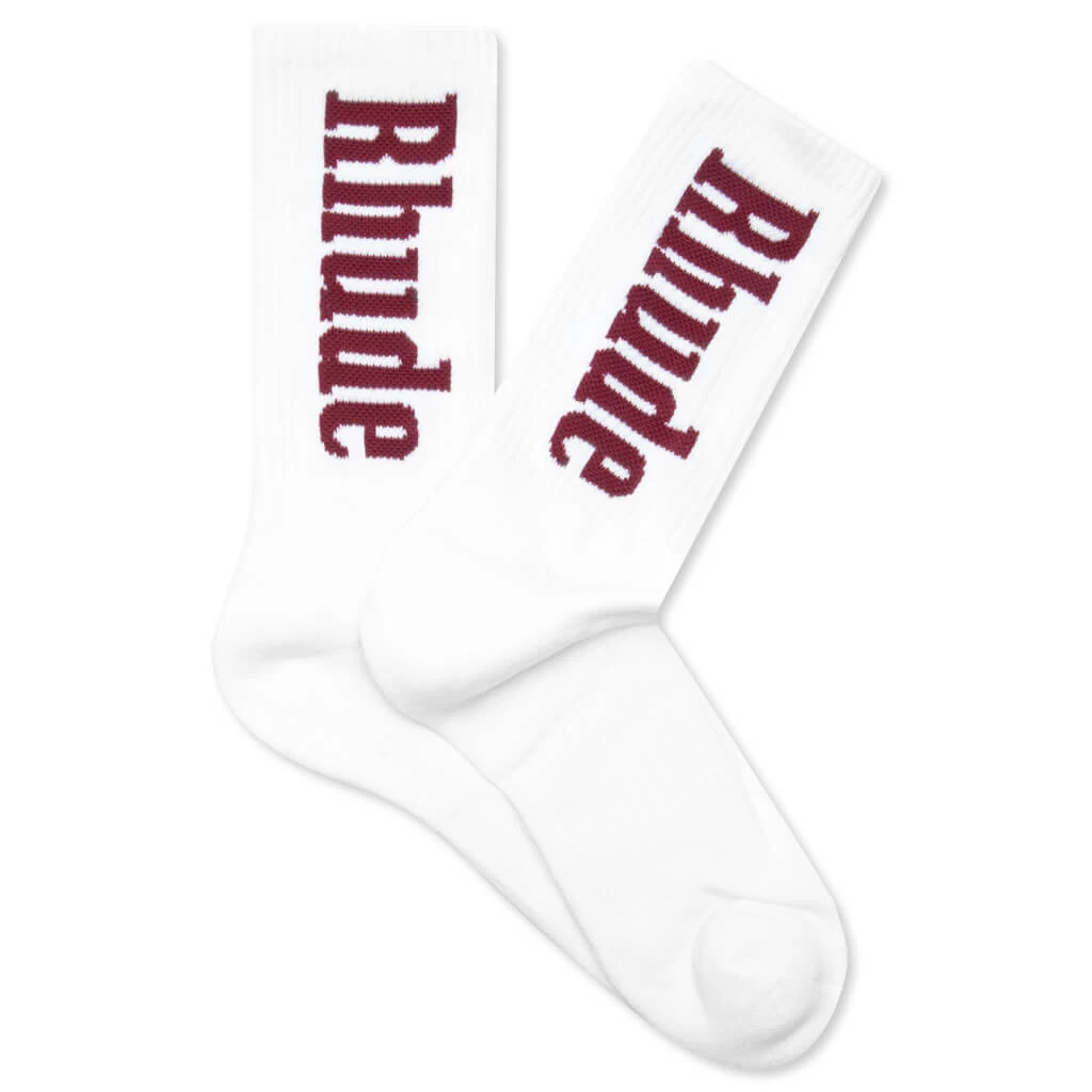 Rhude Logo Verticle Sock - White/Maroon 1 Rhude Logo Verticle Sock - White/Maroon