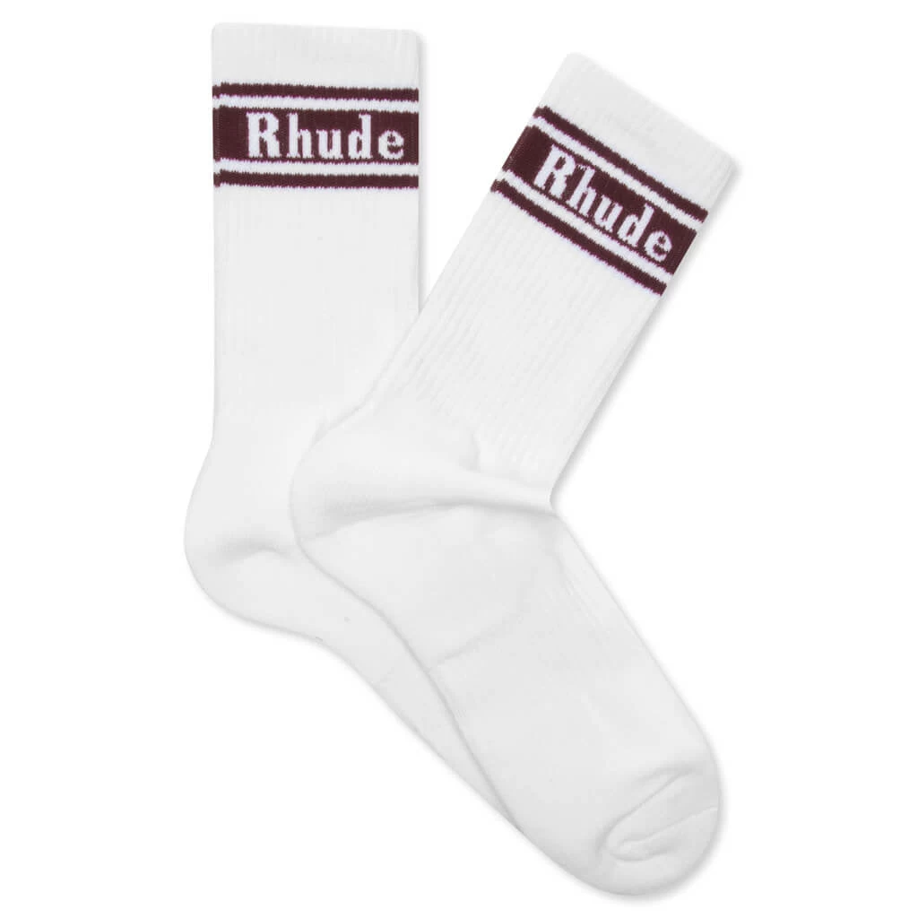 Rhude Stripe Logo Sock - White/Burgundy 1 Rhude Stripe Logo Sock - White/Burgundy