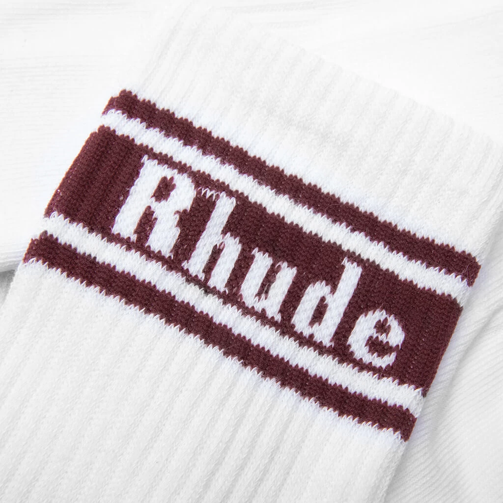 Rhude Stripe Logo Sock - White/Burgundy 2 Rhude Stripe Logo Sock - White/Burgundy - Image 2