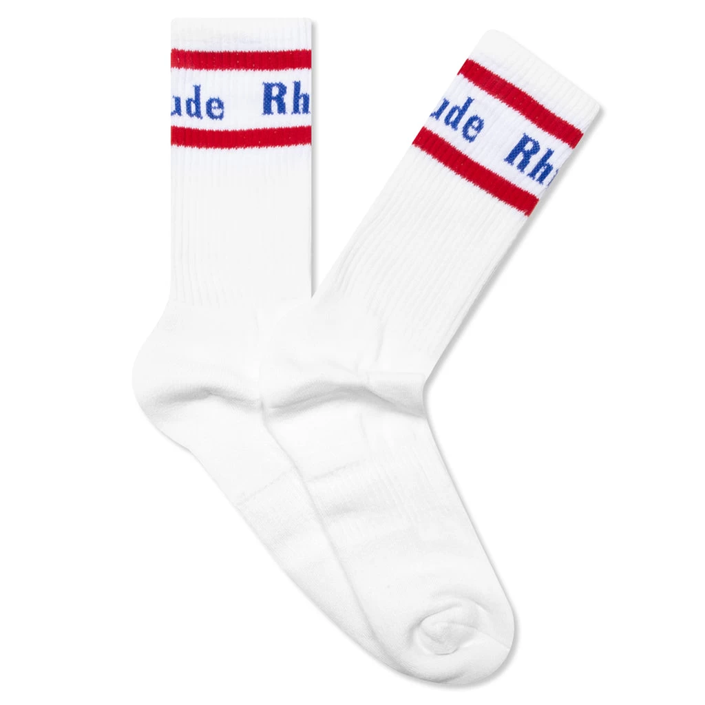 Rhude Vintage Logo Sock V2 - White/Blue/Red 1 Rhude Vintage Logo Sock V2 - White/Blue/Red