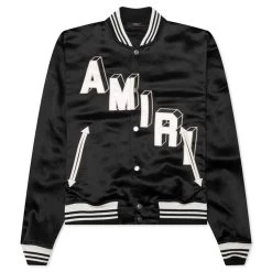 Amiri Satin Cropped Varsity Jacket - Black