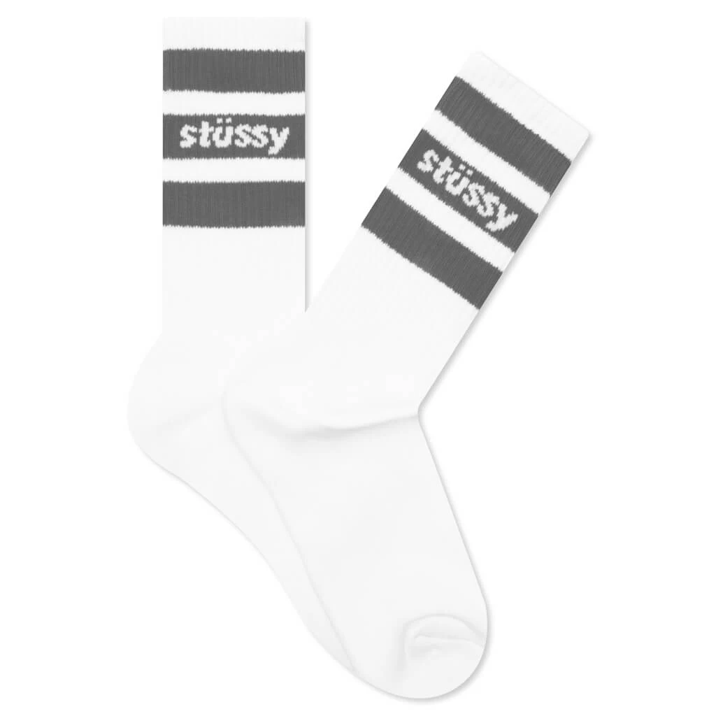 Stussy Stripe Crew Socks - White/Grey 1 Stussy Stripe Crew Socks - White/Grey